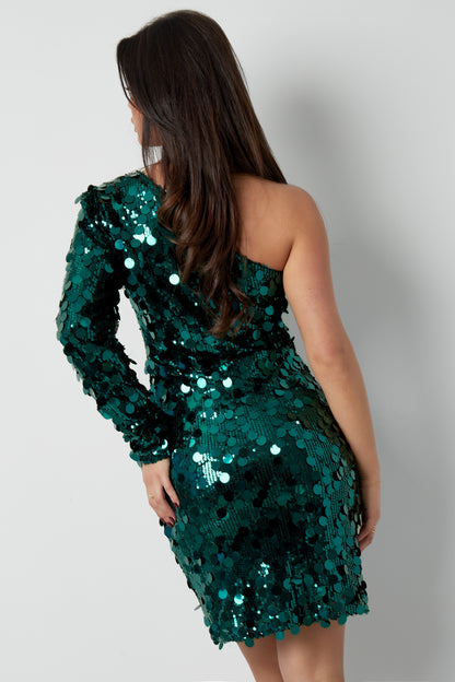 One Shoulder Glitter Jurk Groen