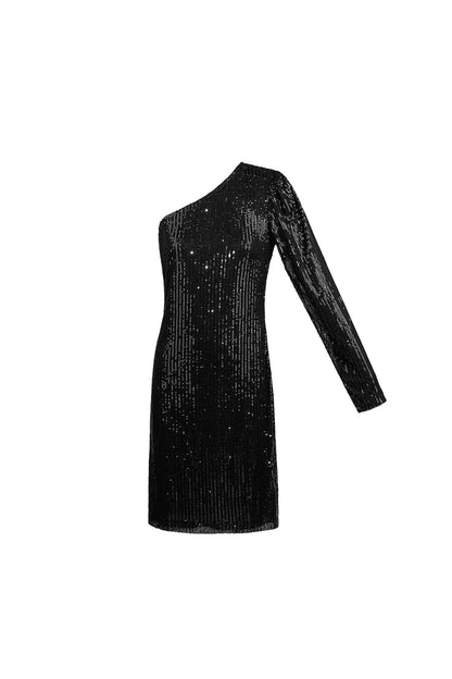 One Shoulder Glitter Jurk Zwart